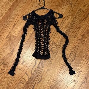 See You Monday Black Loop-Knit Long Sleeve Fitted Top, One Size. Clubwear.